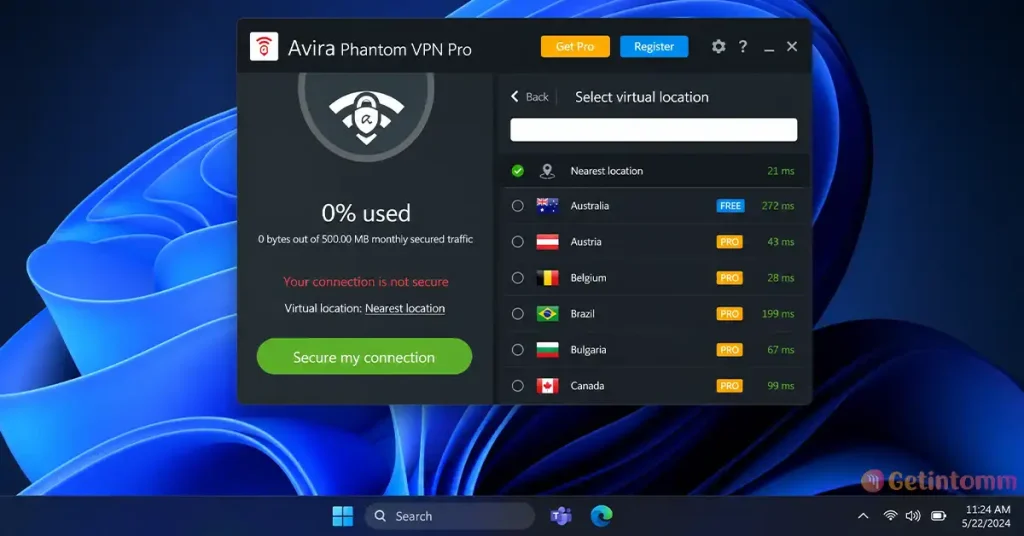 Avira Phantom VPN Pro 2026 Free Download (Latest Version) 2 Avira Phantom VPN Pro Dashboard and Server Selection